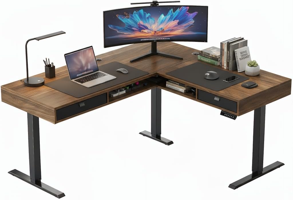 63" Electric L Shaped Standing Desk With 2 Under Desk Drawers - Walnut