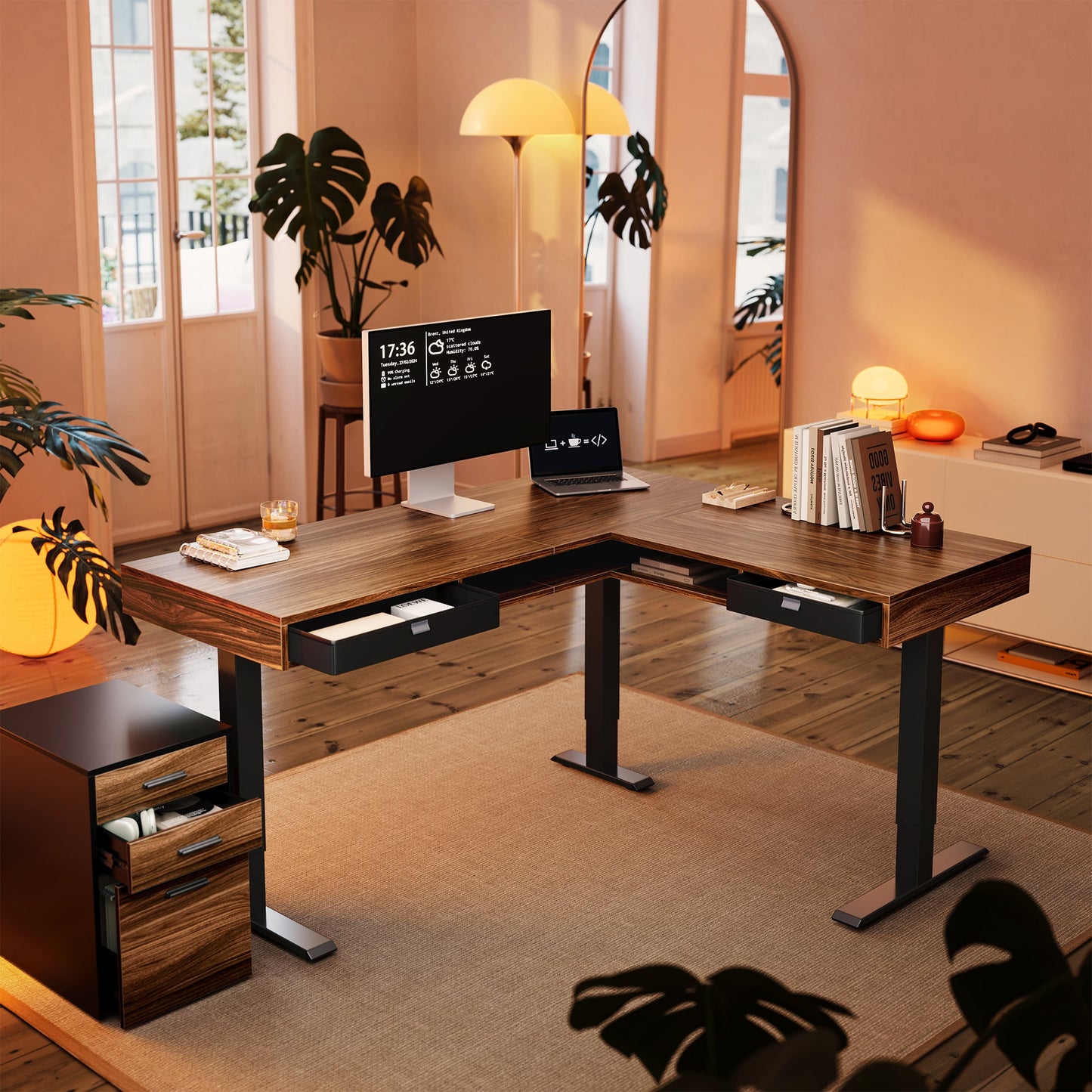 63" Electric L Shaped Standing Desk With 2 Under Desk Drawers - Walnut