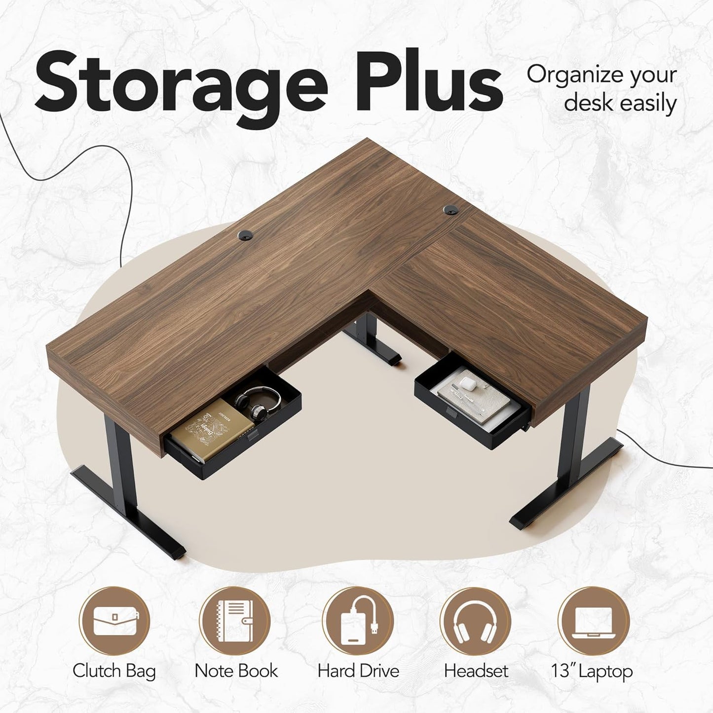 63" Electric L Shaped Standing Desk With 2 Under Desk Drawers - Walnut