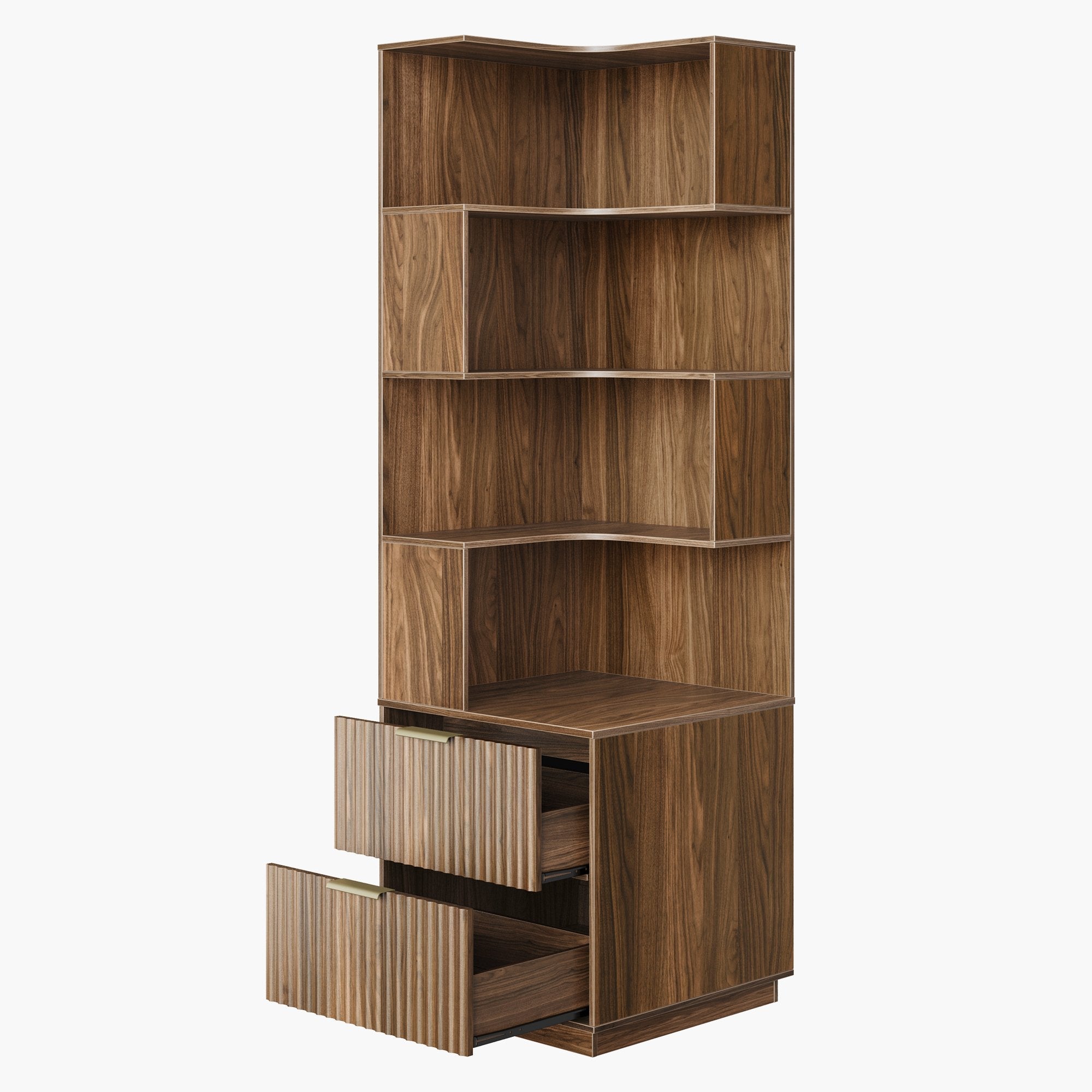 63" Premium Executive Standing Desk + Celestia Deep Cloud Chair + 6 - Tier Corner Bookshelf with Drawers, 71" Tall Storage/ Fluted - Dark Walnut - 