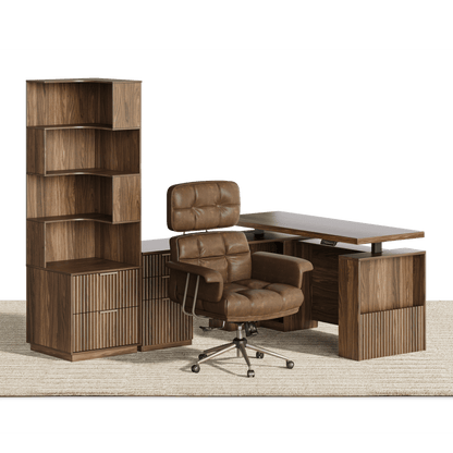 63" Premium Executive Standing Desk + Celestia Deep Cloud Chair + 6 - Tier Corner Bookshelf with Drawers, 71" Tall Storage/ Fluted - Dark Walnut - 