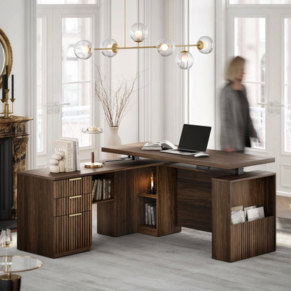 63" Premium Executive Standing Desk + Celestia Deep Cloud Chair + 6 - Tier Corner Bookshelf with Drawers, 71" Tall Storage/ Fluted - Dark Walnut - 