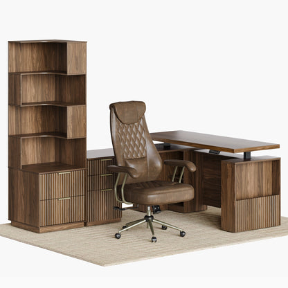 63" Premium Executive Standing Desk + Luna Extra Wide Chair + 6 - Tier Corner Bookshelf with Drawers, 71" Tall Storage/ Fluted - Dark Walnut - 