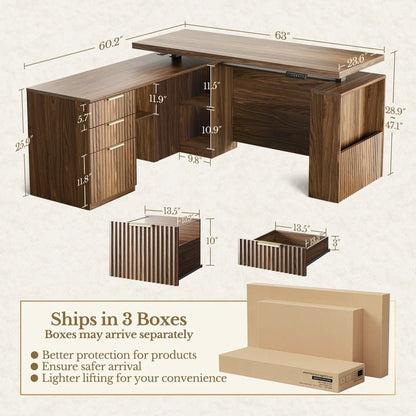 63" Premium Executive Standing Desk + Stella Advanced Ergonomic Chair + 6 - Tier Corner Bookshelf with Drawers, 71" Tall Storage/ Fluted - Dark Walnut - 