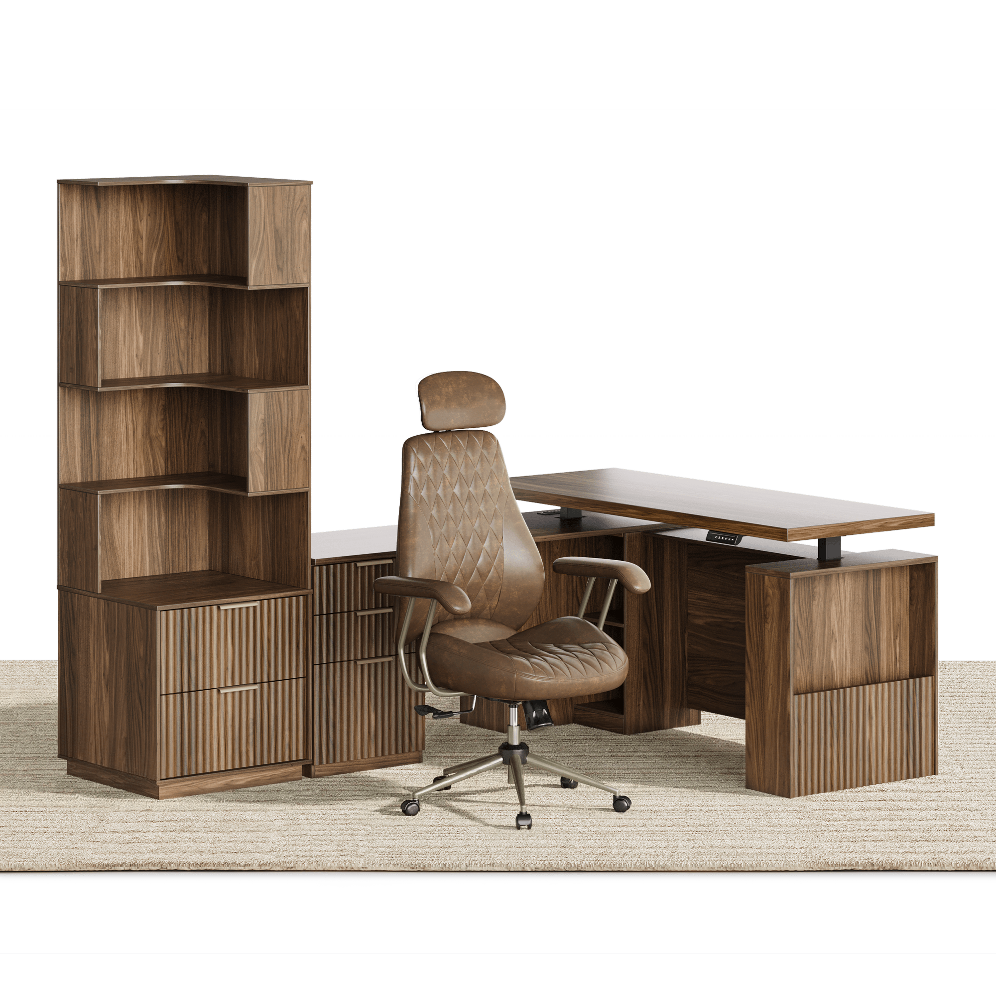 63" Premium Executive Standing Desk + Stella Advanced Ergonomic Chair + 6 - Tier Corner Bookshelf with Drawers, 71" Tall Storage/ Fluted - Dark Walnut - 