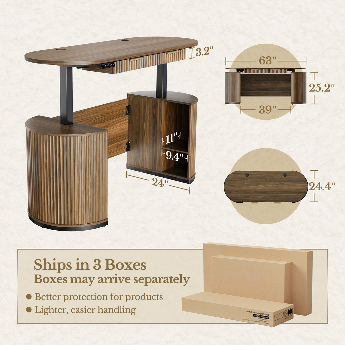 63" Premium Santal Standing Desk - Fluted Black Walnut