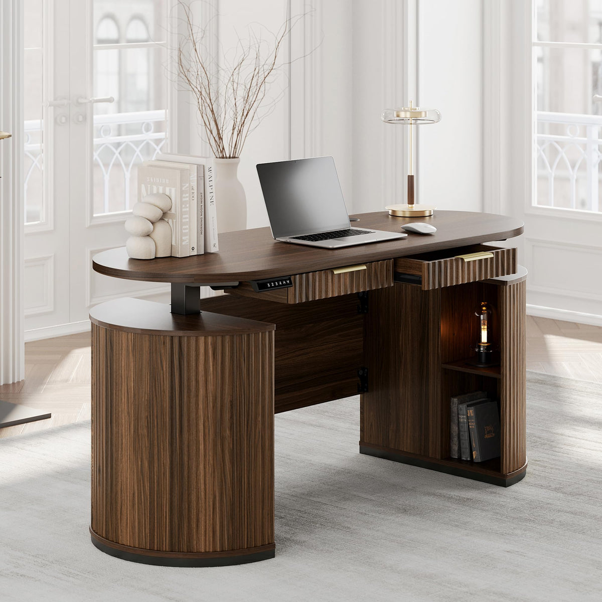 63" Premium Santal Standing Desk - Fluted - Dark Walnut