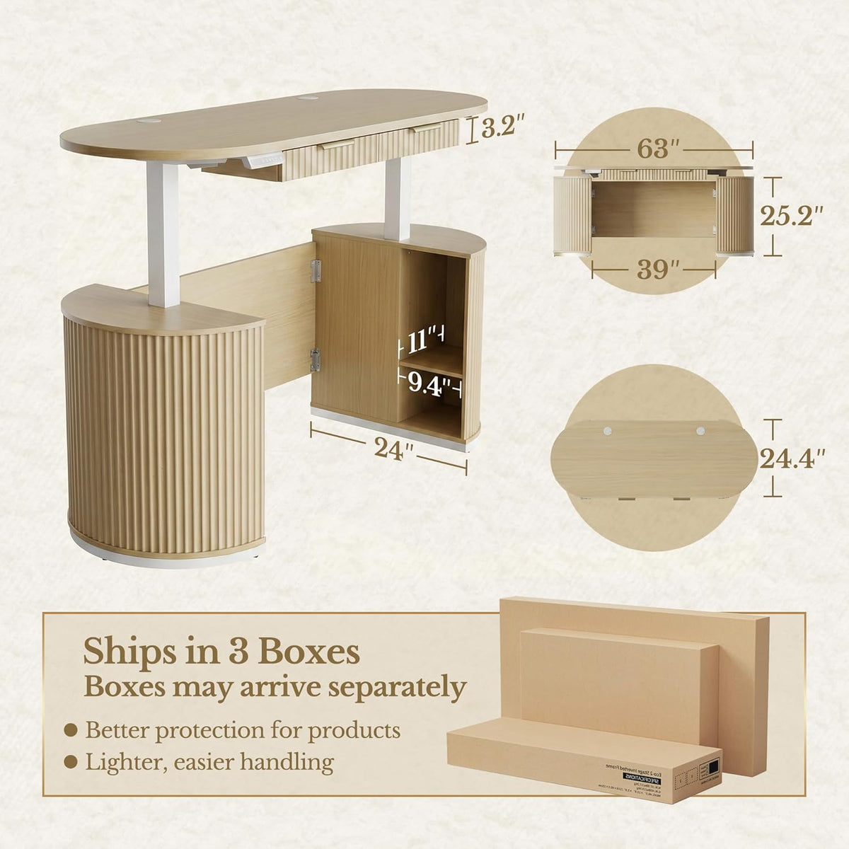 63" Premium Santal Standing Desk - Fluted - Natural Oak