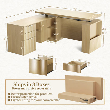 63" desk+73" Bookshelf+2 Drawers / Fluted - Natural Oak