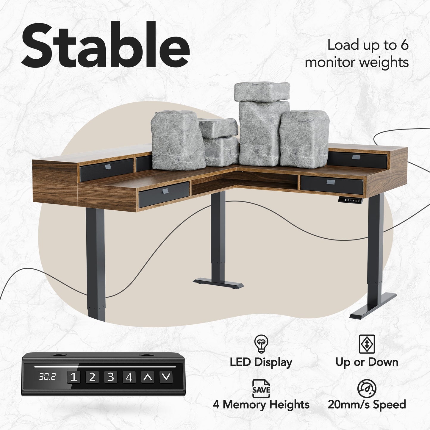 66" Electric L Shaped Standing Desk with 6 Storage Drawers & Cabinet - 
