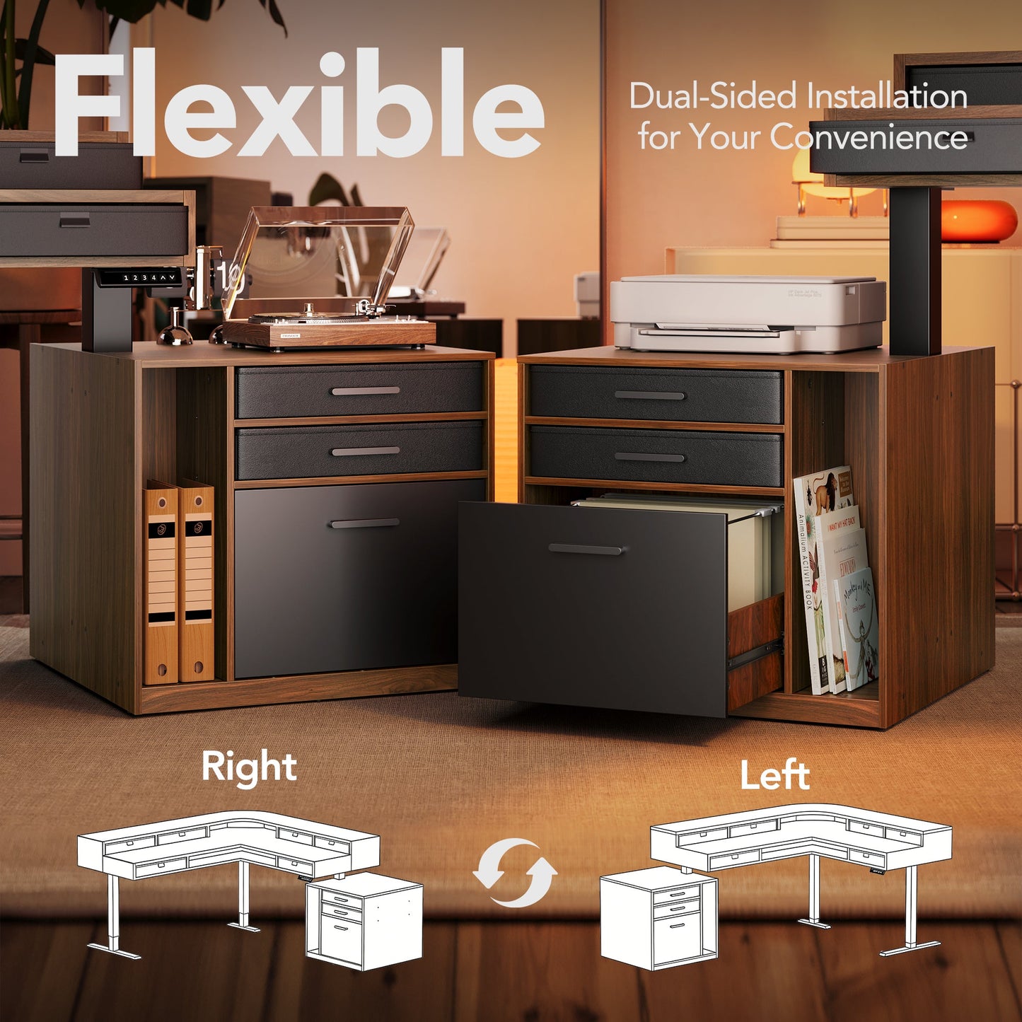 66" Electric L Shaped Standing Desk with 6 Storage Drawers & Cabinet - 