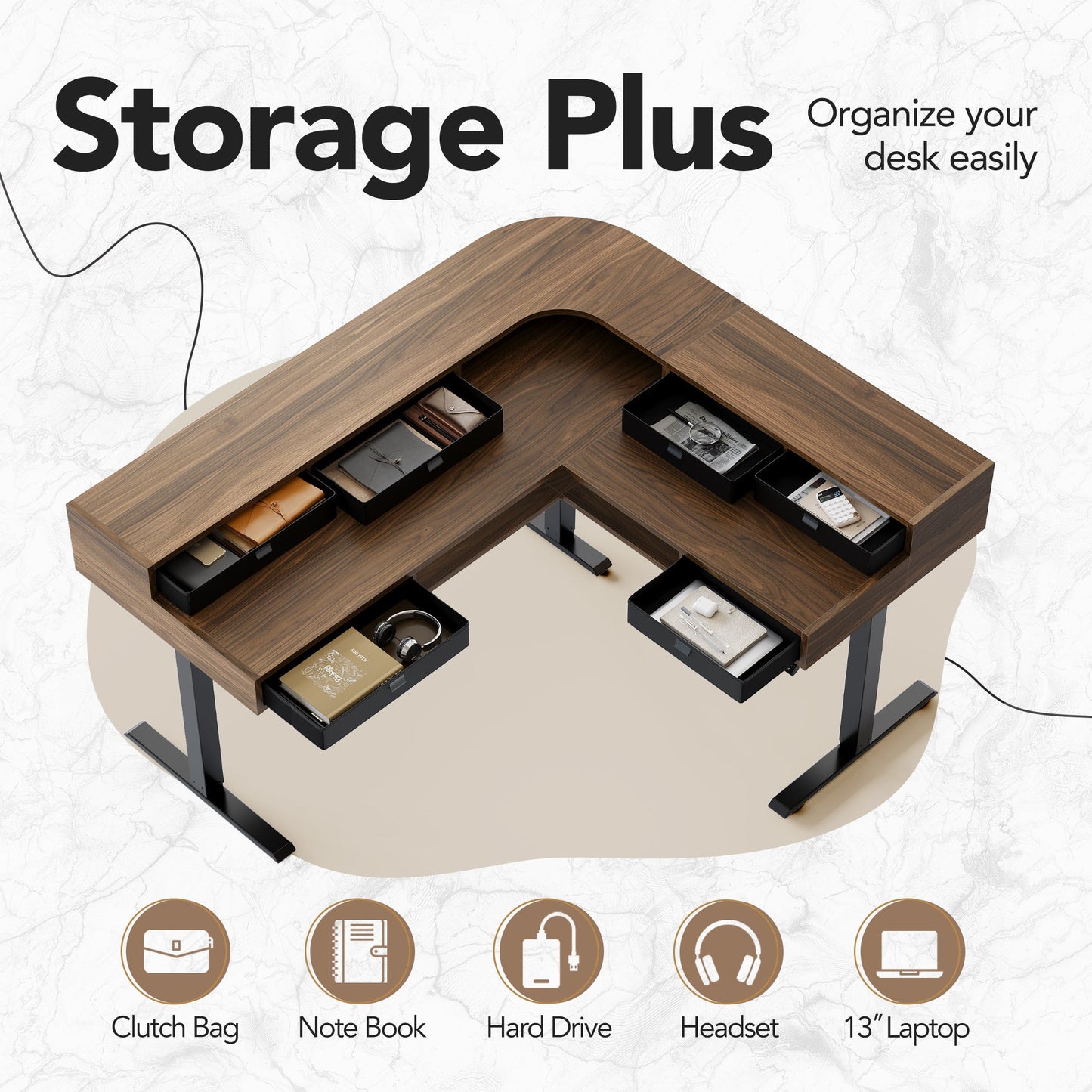 66" Electric L Shaped Standing Desk with 6 Storage Drawers & Cabinet - 