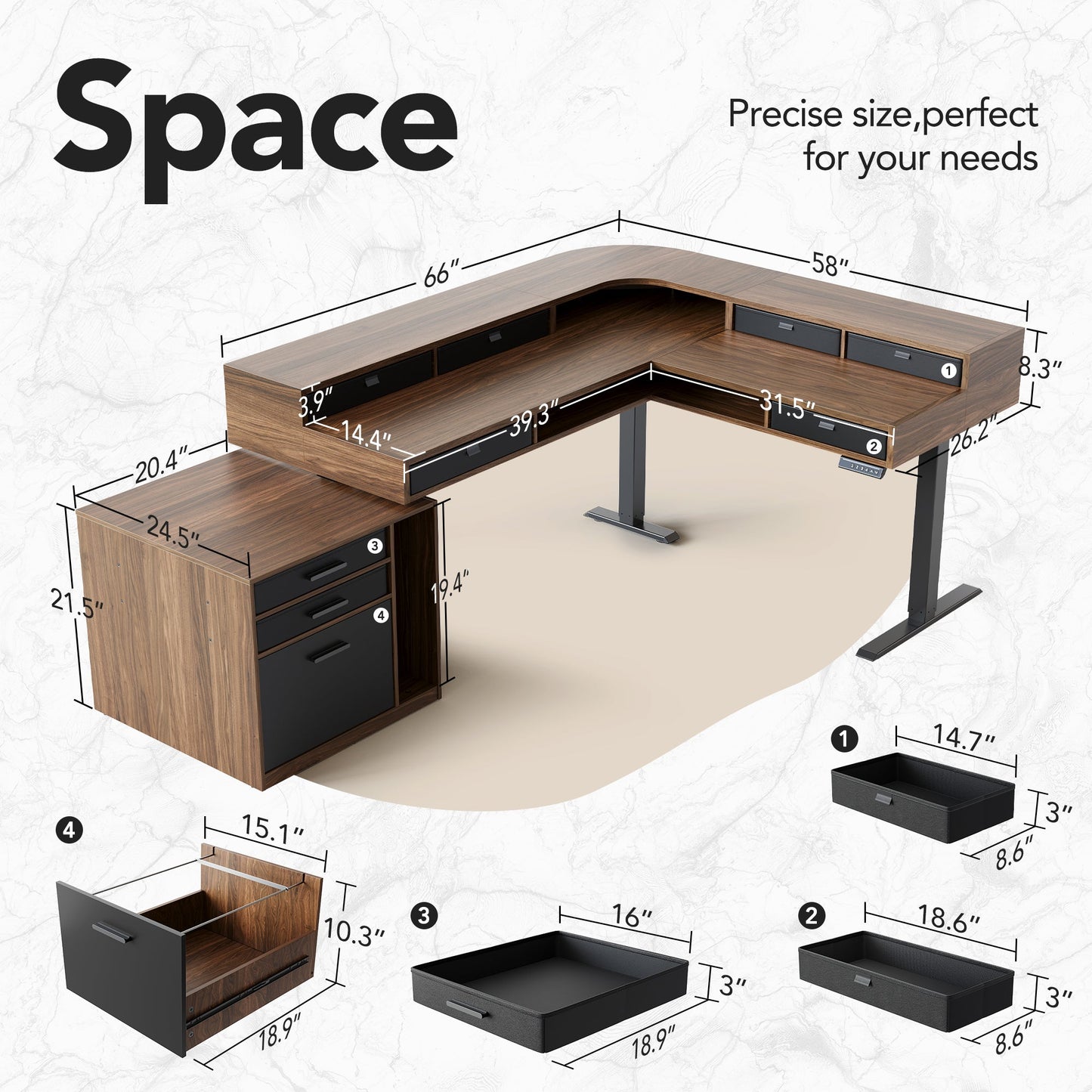 66" Electric L Shaped Standing Desk with 6 Storage Drawers & Cabinet - 