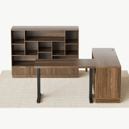 67" Desk + 60" Wide Bookshelf / Fluted - Dark Walnut - 