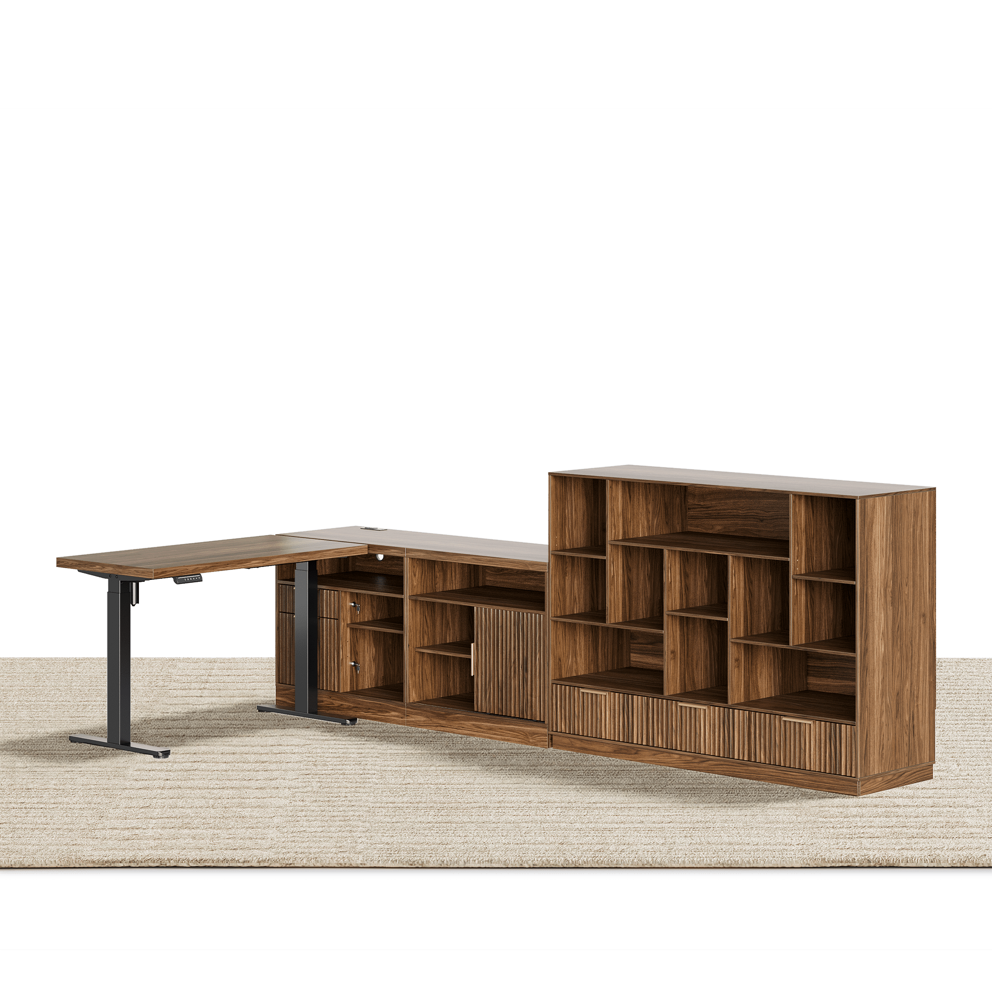 67" Desk + 60" Wide Bookshelf / Fluted - Dark Walnut - 