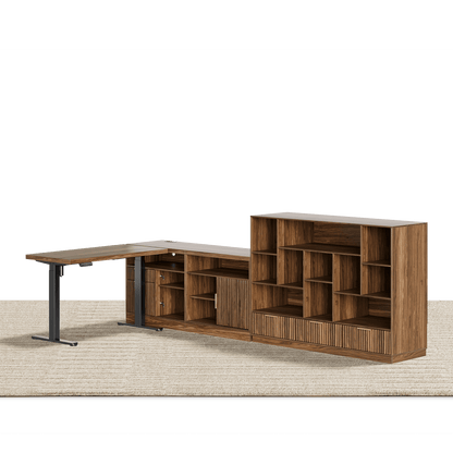 67" Desk + 60" Wide Bookshelf / Fluted - Dark Walnut - 
