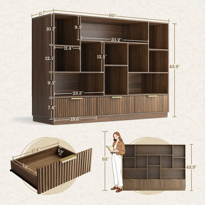 67" Desk + 60" Wide Bookshelf / Fluted - Dark Walnut - 