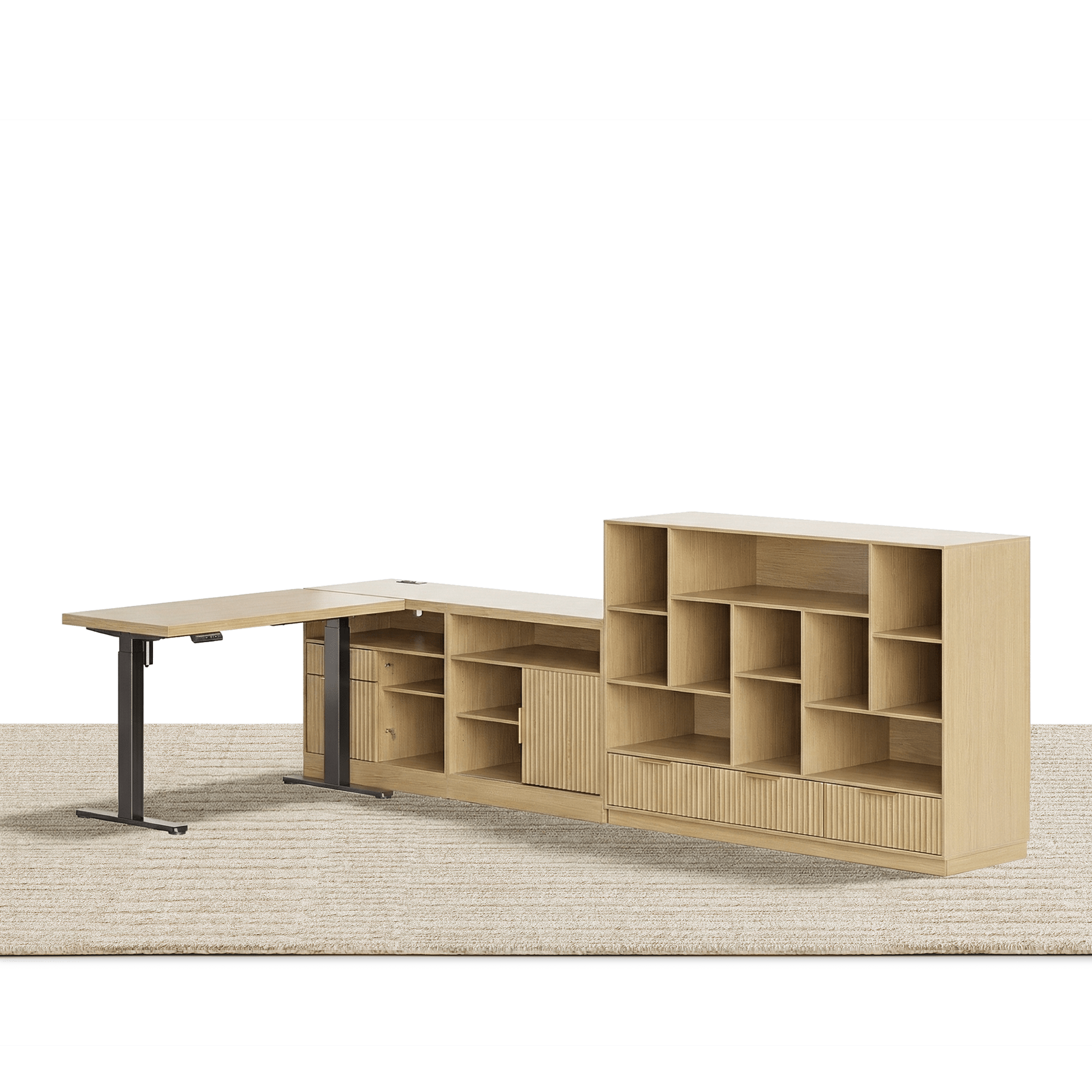 67" Desk + 60" Wide Bookshelf / Fluted - Natural Oak - 