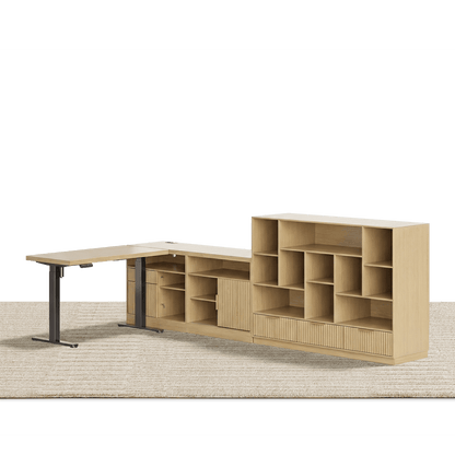 67" Desk + 60" Wide Bookshelf / Fluted - Natural Oak - 