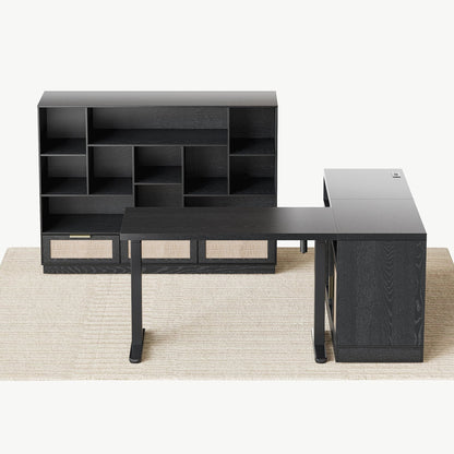 67" Desk + 60" Wide Bookshelf / Rattan - Black - 