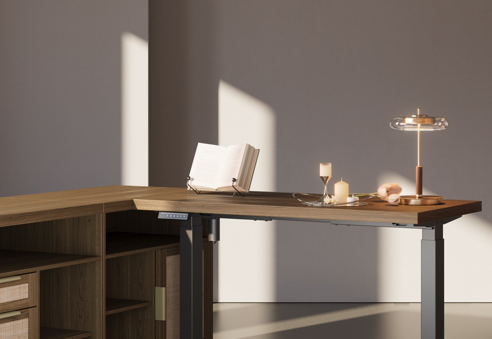 67" Desk + 60" Wide Bookshelf / Rattan - Light Walnut - 