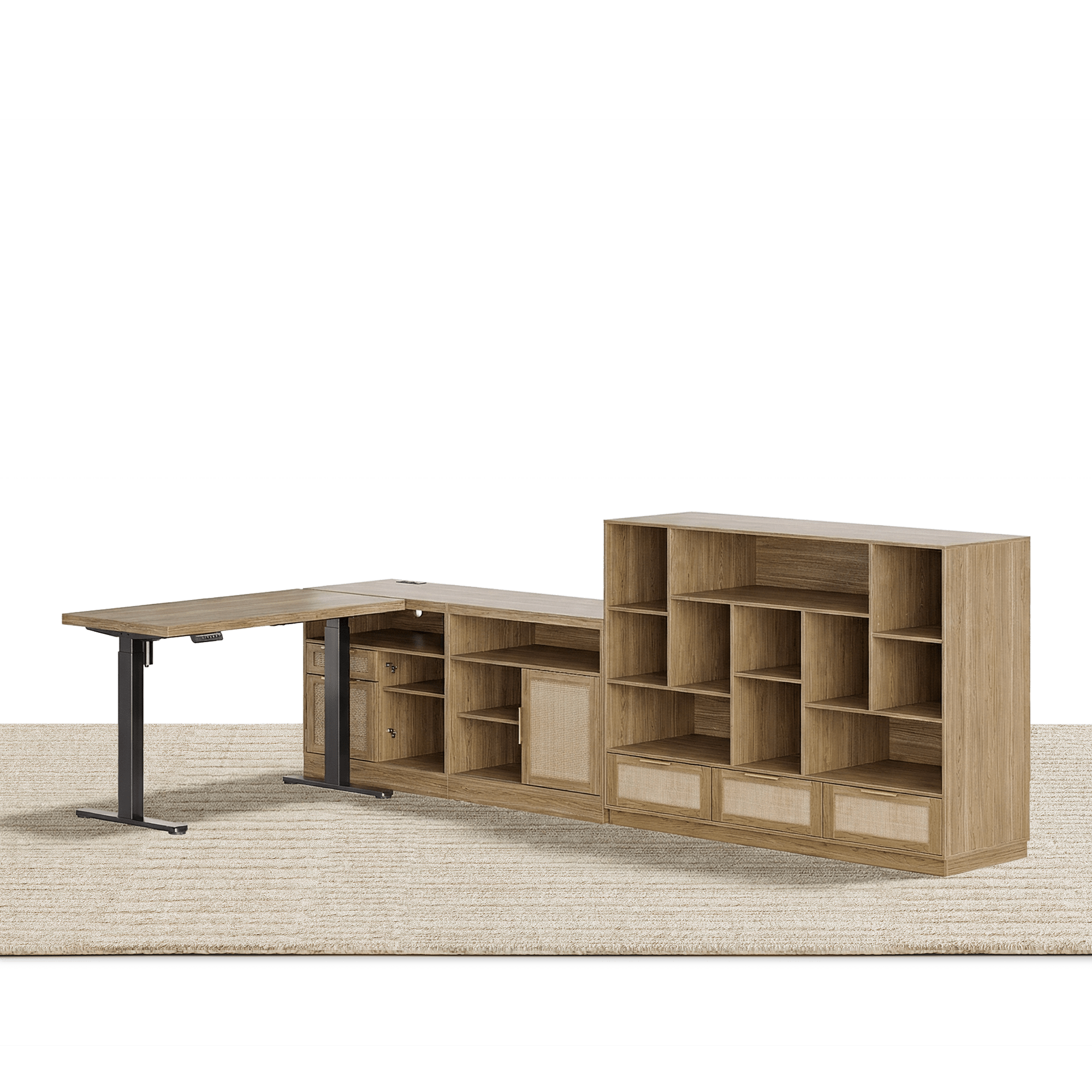 67" Desk + 60" Wide Bookshelf / Rattan - Light Walnut - 