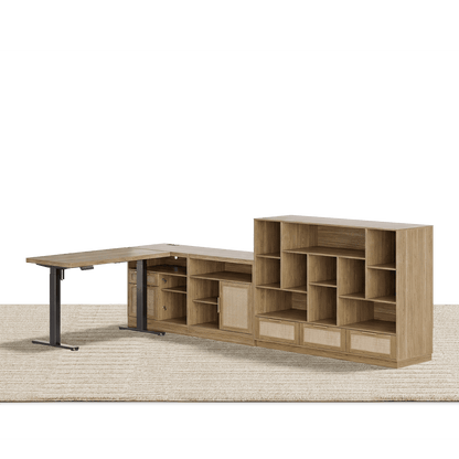 67" Desk + 60" Wide Bookshelf / Rattan - Light Walnut - 