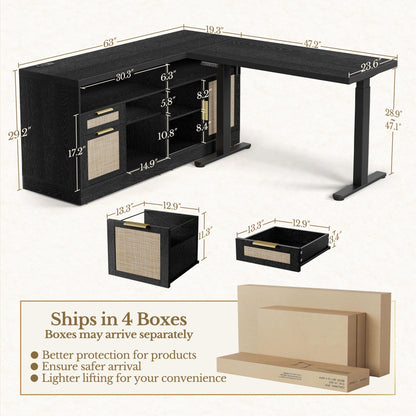 67" Desk + 71" Bookshelf / Rattan - Black - 