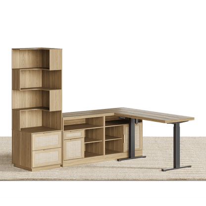 67" Desk + 71" Bookshelf / Rattan - Light Walnut - 