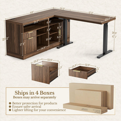 67'' Desk + 73'' Corner Bookshelf/ Fluted - Dark Walnut - 