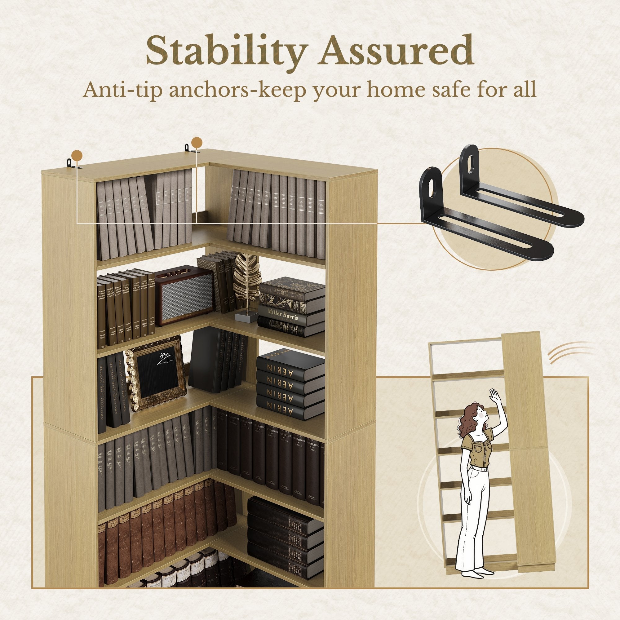 67'' Desk + 73'' Corner Bookshelf/ Fluted - Natural Oak - 