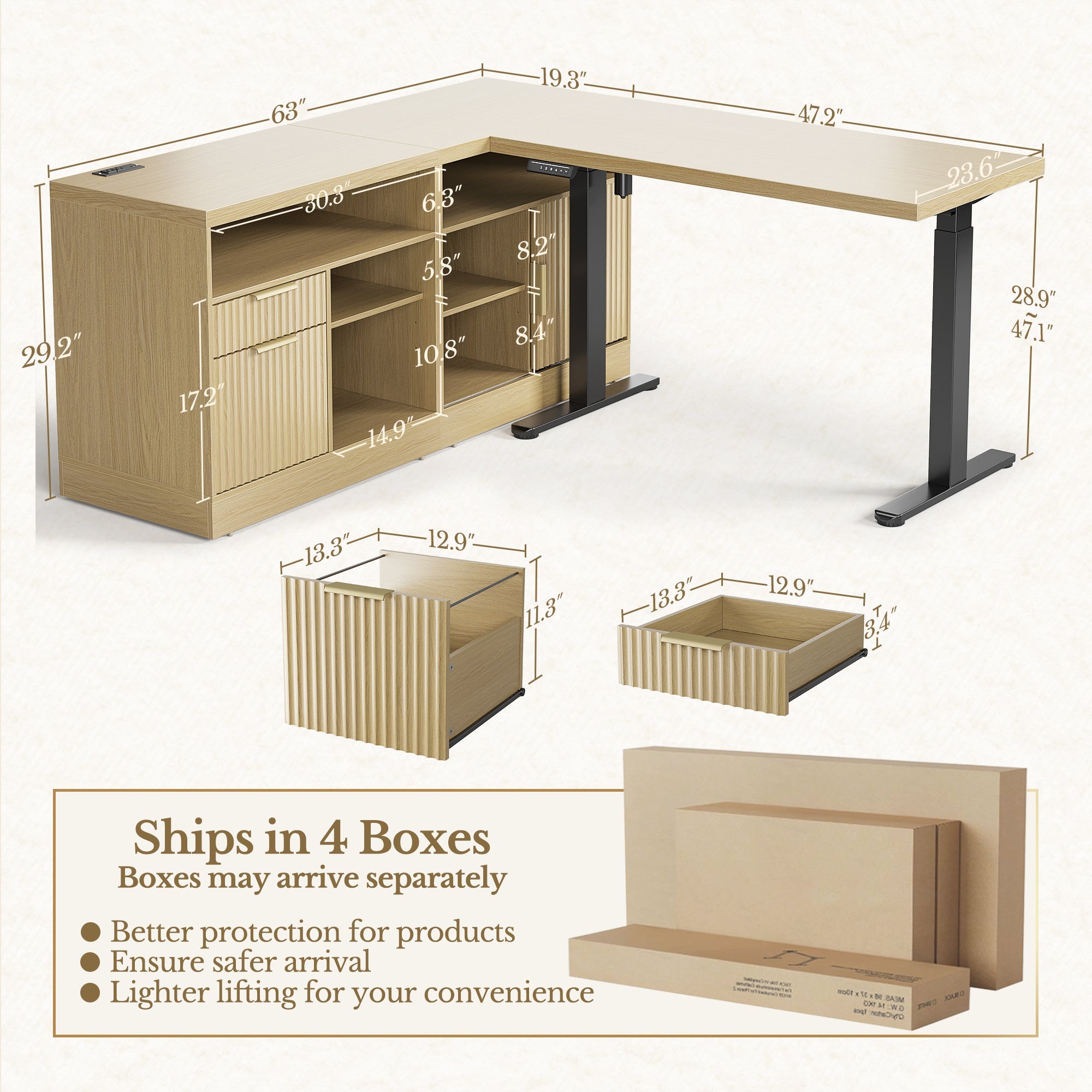 67" Desk · L - shaped + 2 - Drawer File Cabinet / Fluted - Natural Oak - 