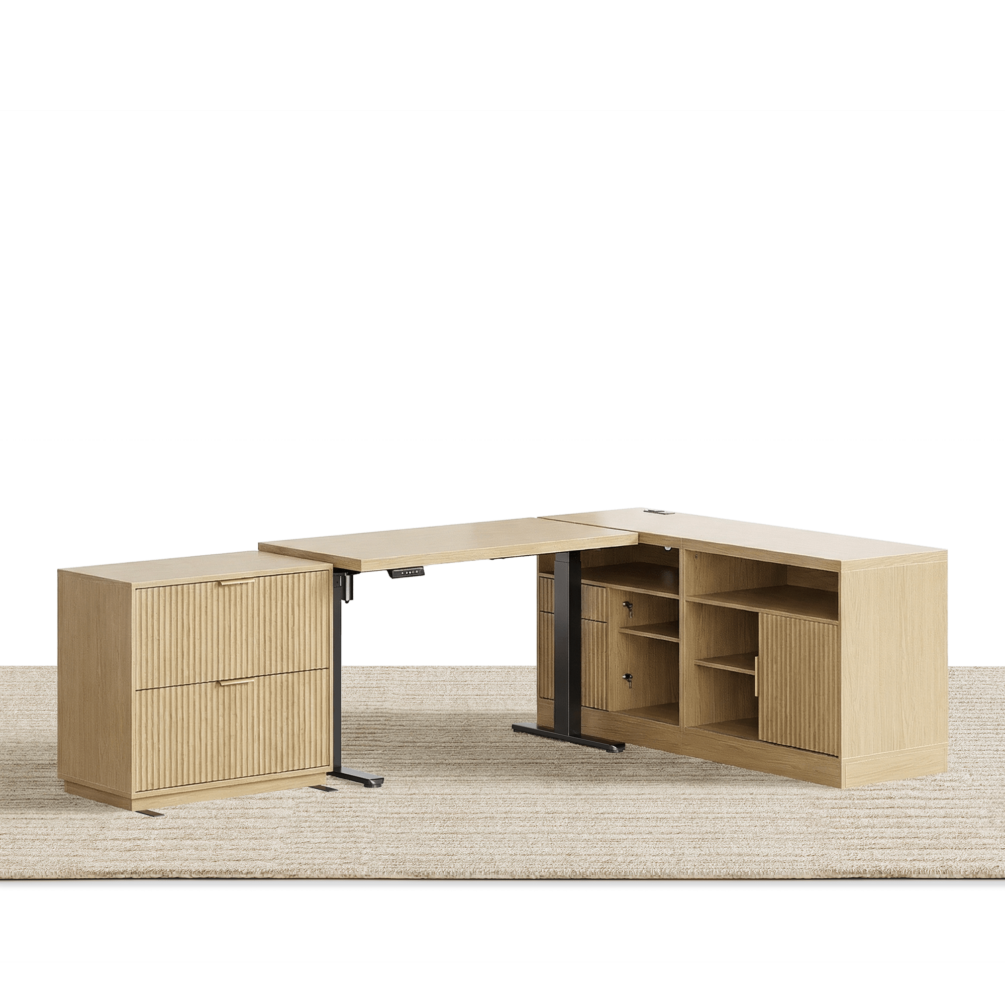 67" Desk · L - shaped + 2 - Drawer File Cabinet / Fluted - Natural Oak - 