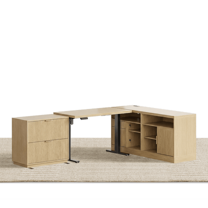 67" Desk · L - shaped + 2 - Drawer File Cabinet / Fluted - Natural Oak - 