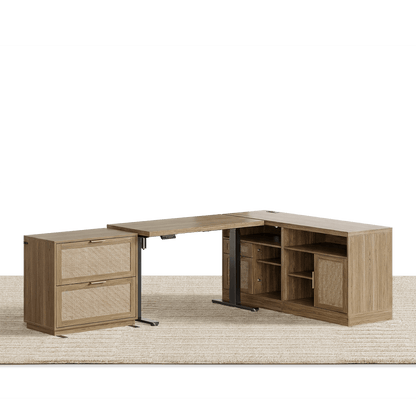 67" Desk · L - shaped + 2 - Drawer File Cabinet / Rattan - Light Walnut - 