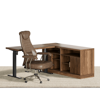 67" Desk · L - shaped + Luna Chair / Fluted - Dark Walnut - 