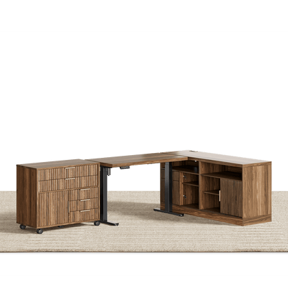 67" Desk · L - shaped + Mobile Office Cabinet / Fluted - Dark Walnut - 