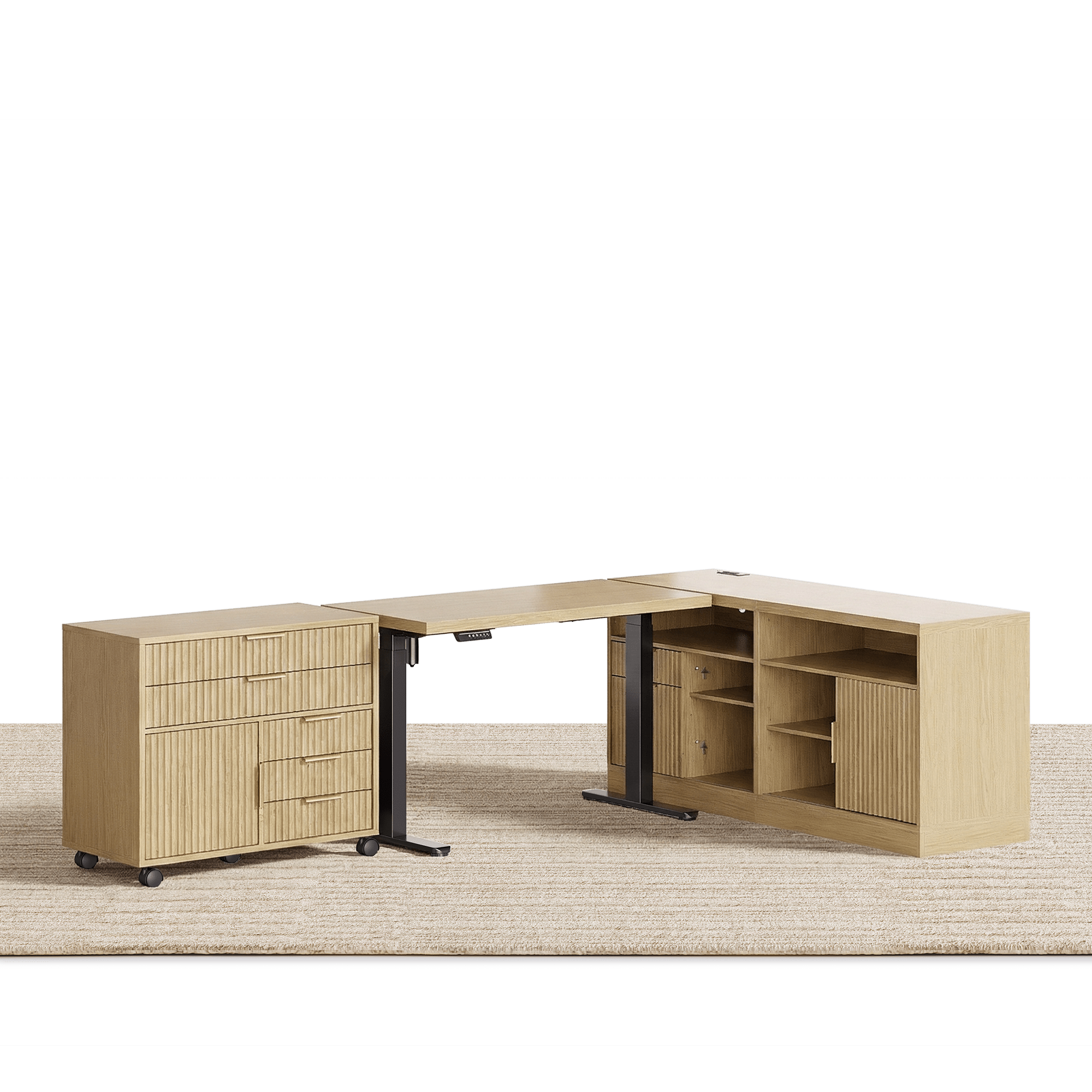 67" Desk · L - shaped + Mobile Office Cabinet / Fluted - Natural Oak - 