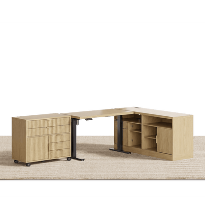 67" Desk · L - shaped + Mobile Office Cabinet / Fluted - Natural Oak - 