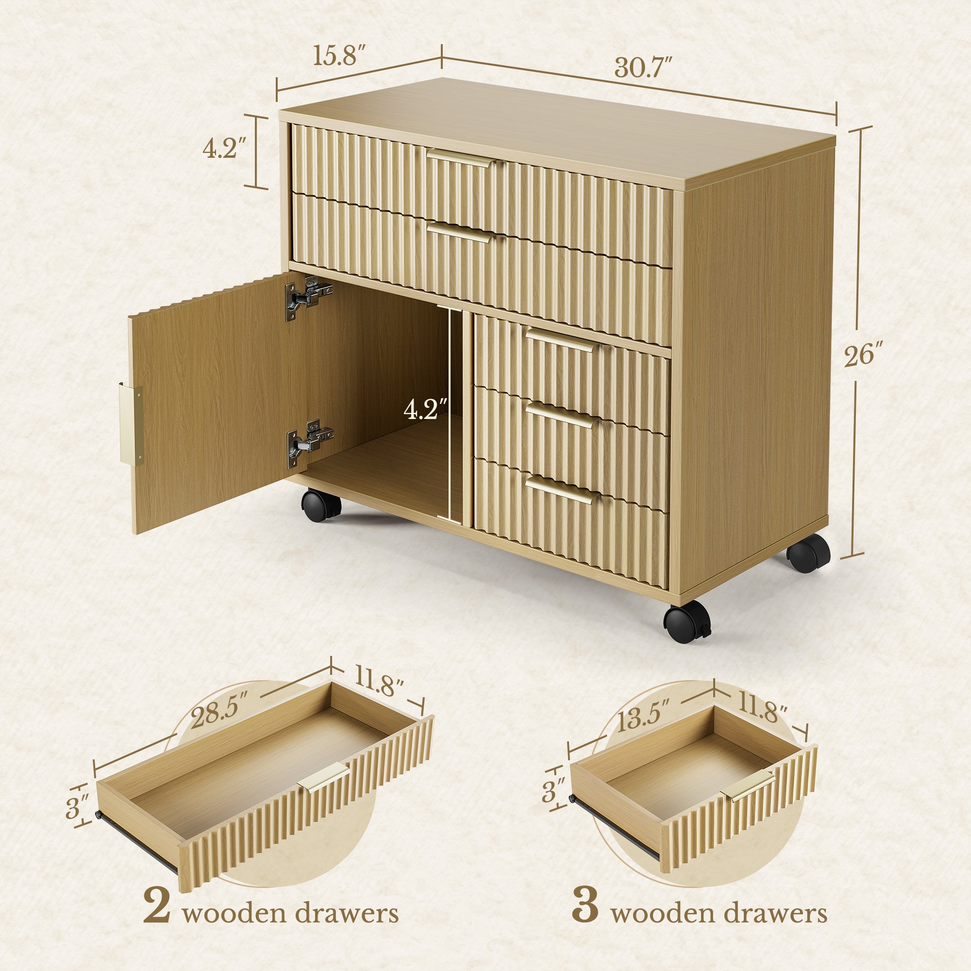 67" Desk · L - shaped + Mobile Office Cabinet / Fluted - Natural Oak - 