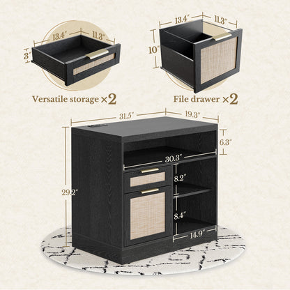 67" Desk+73" Bookshelf / Rattan - Black - 