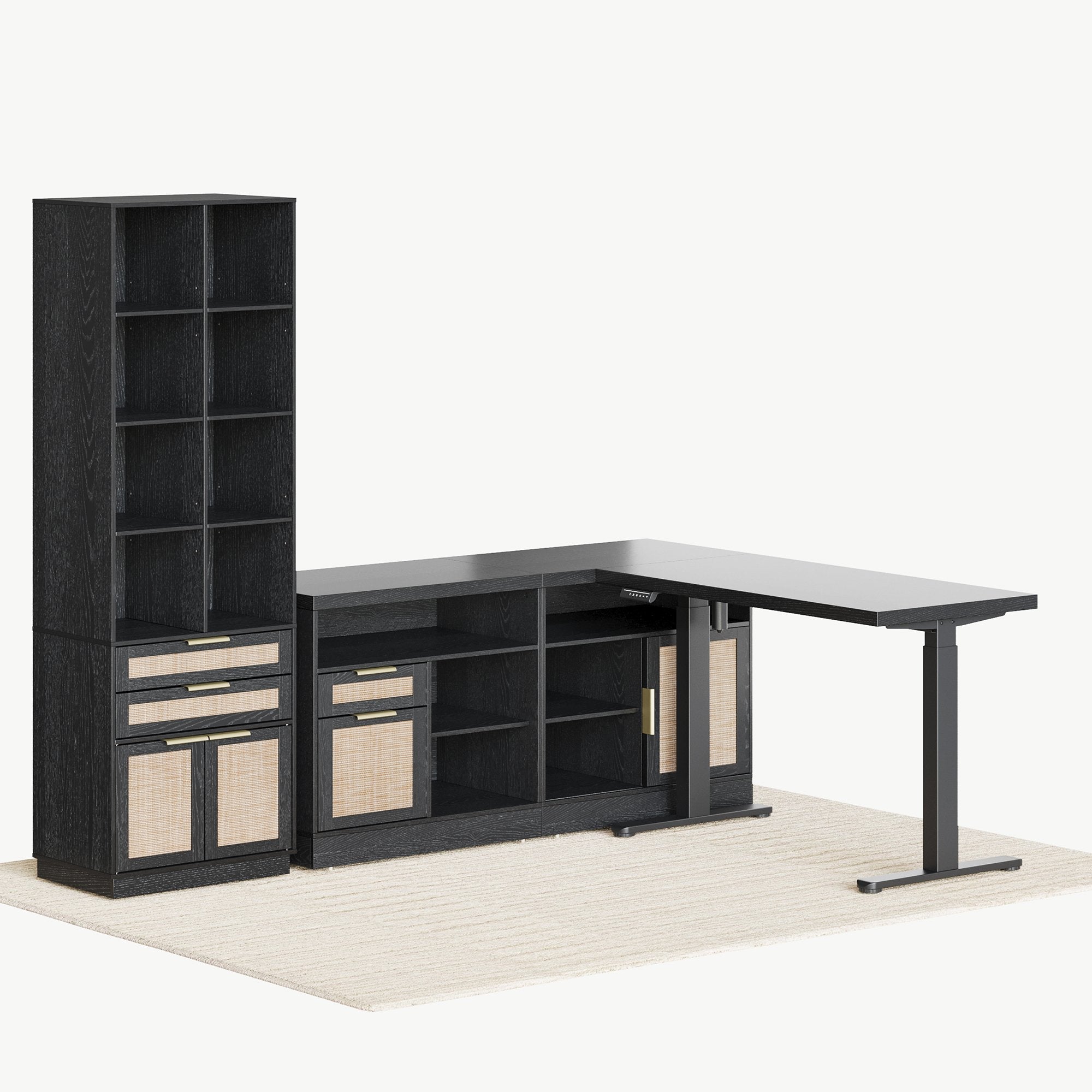 67" Desk+73" Bookshelf / Rattan - Black - 