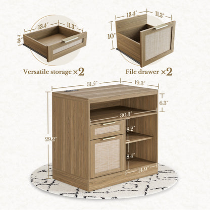 67" Desk+73" Bookshelf / Rattan - Light Walnut - 