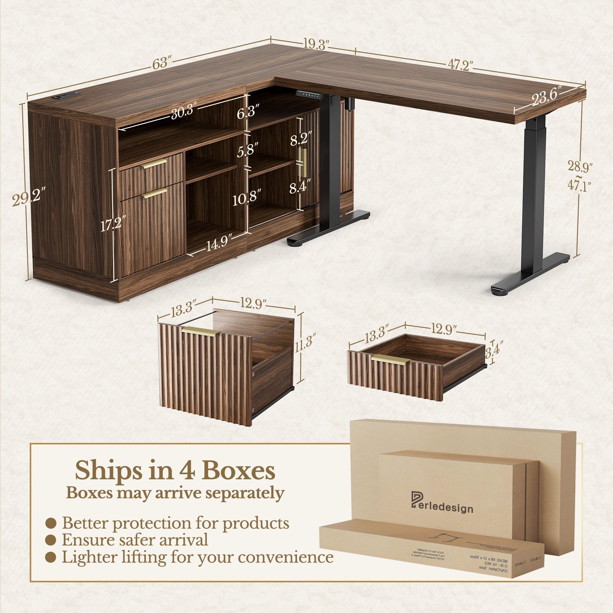 67" desk+73" Bookshelf+2 Drawers / Fluted - Dark Walnut - 