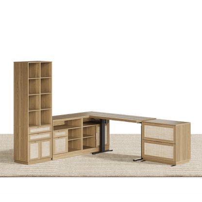 67" desk+73" Bookshelf+2 Drawers / Rattan - Light Walnut - 