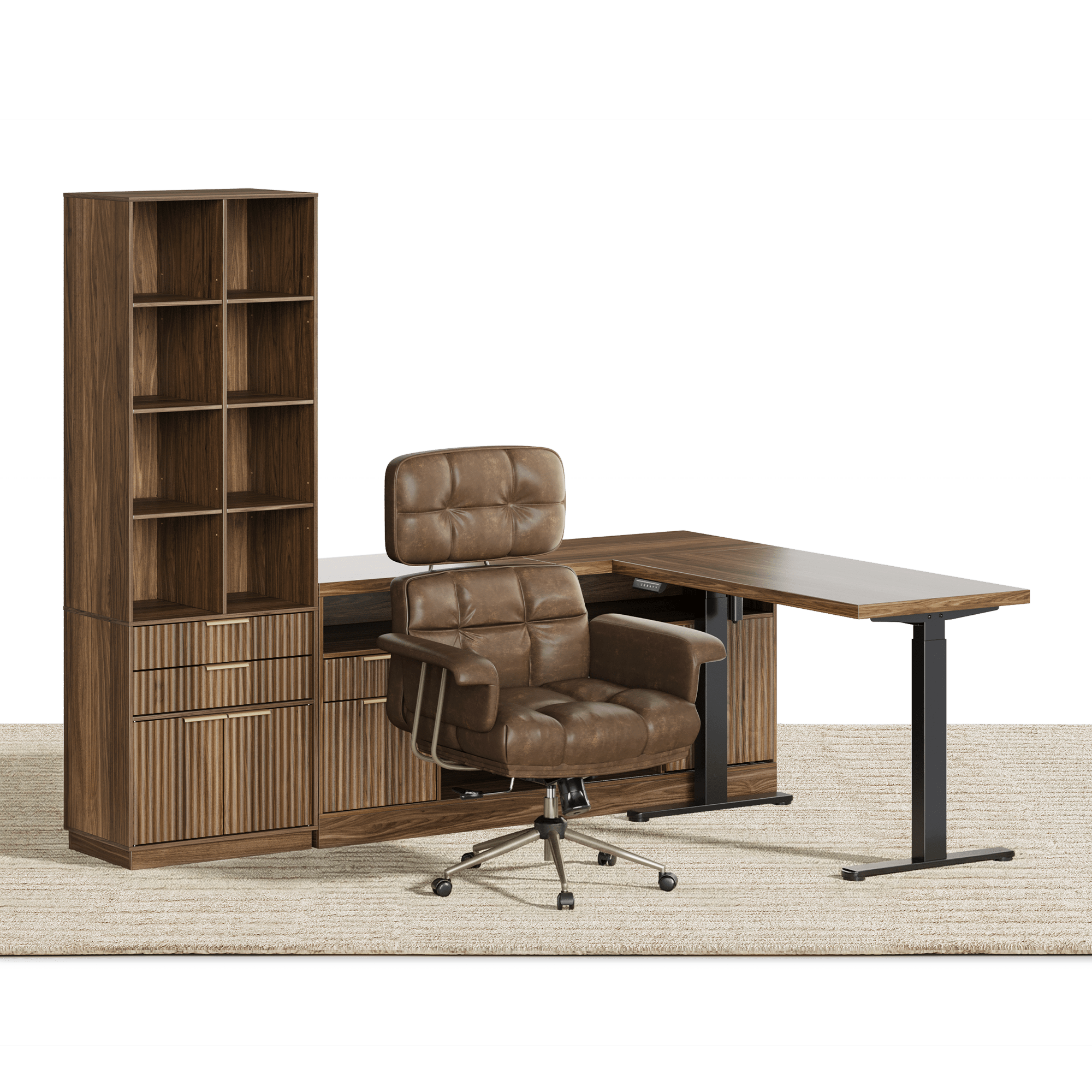 67" Premium Executive Standing Desk + Celestia Deep Cloud Chair + 73"Tall Fluted Bookshelf with Drawers & Doors/ Fluted - Dark Walnut - 