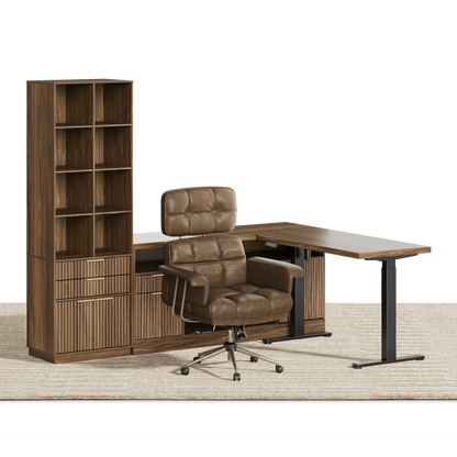67" Premium Executive Standing Desk + Celestia Deep Cloud Chair + 73"Tall Fluted Bookshelf with Drawers & Doors/ Fluted - Dark Walnut - 
