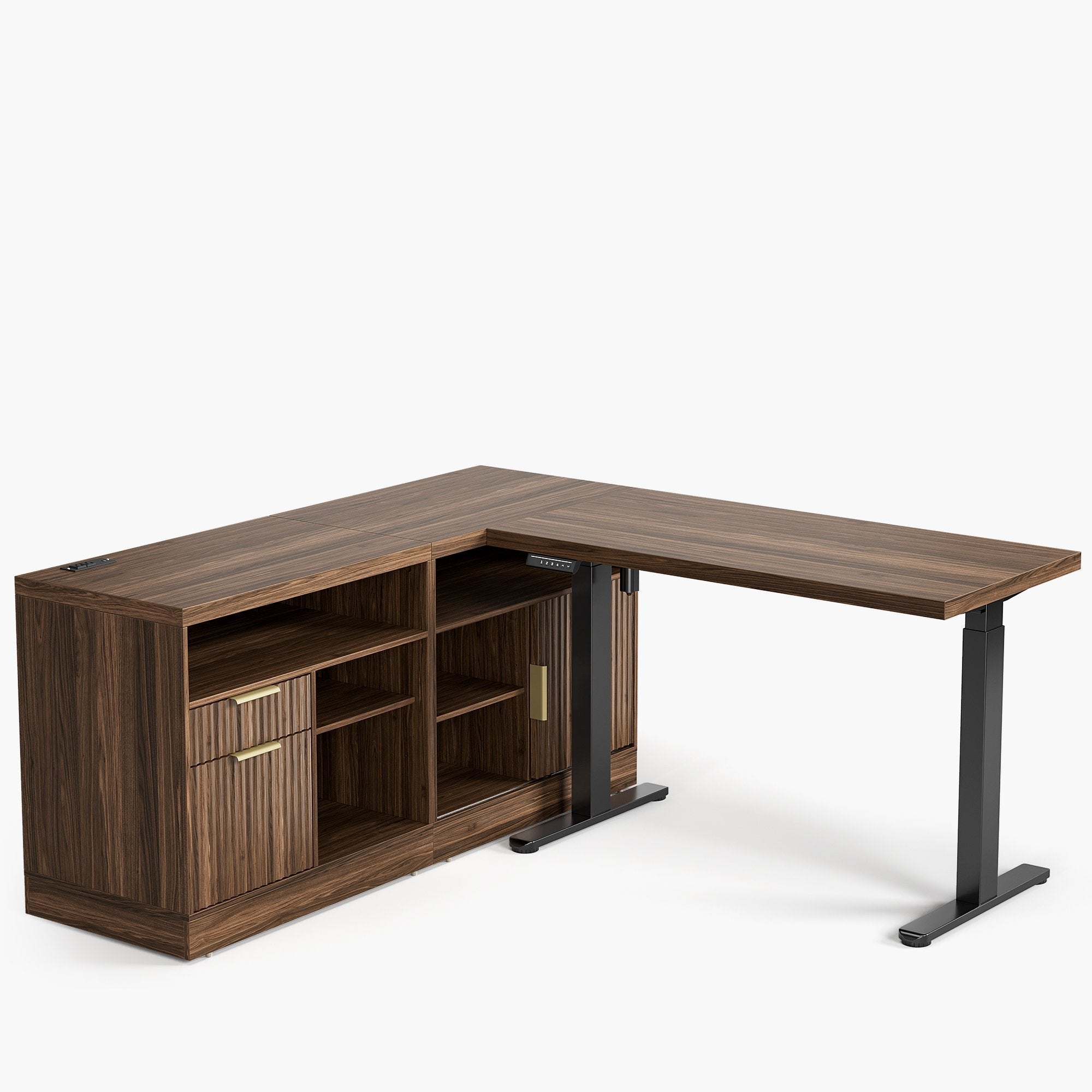 67" Premium Executive Standing Desk + Celestia Deep Cloud Chair + 73"Tall Fluted Bookshelf with Drawers & Doors/ Fluted - Dark Walnut - 