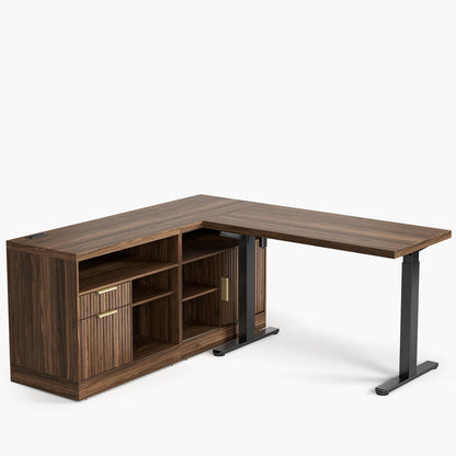 67" Premium Executive Standing Desk + Celestia Deep Cloud Chair + 73"Tall Fluted Bookshelf with Drawers & Doors/ Fluted - Dark Walnut - 