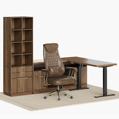 67" Premium Executive Standing Desk + Luna Extra Wide Chair + 73" Tall Fluted Bookshelf with Drawers & Doors/ Fluted - Dark Walnut - 